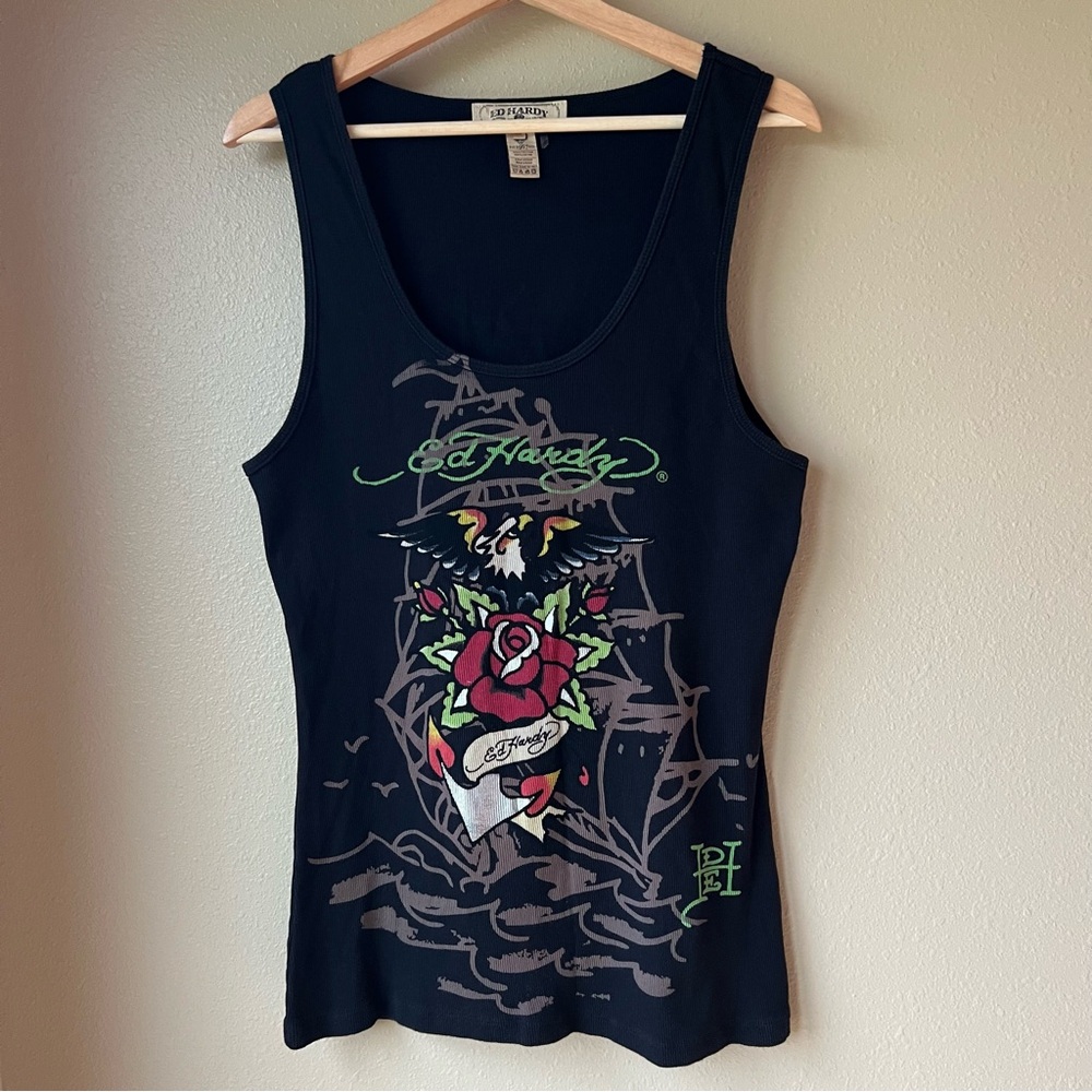 Ed Hardy Women's Black Graphic Tank with Rose & Eagle Print
